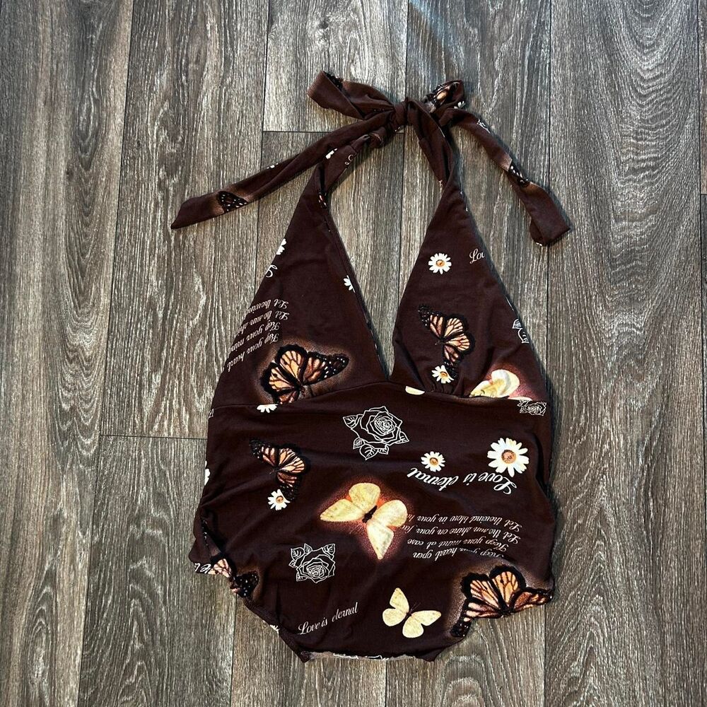 Rue 21 Brown Butterfly Halter Top XL boho